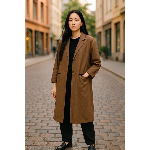 Women’s Minimalist Long Lightweight Jacket Cotton Rayon Size Large Brown - Picture 1 of 6